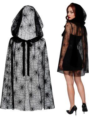 🎃Women's Black Halloween Spider Pattern Sheer Tulle Witch Cape Vampire Costume